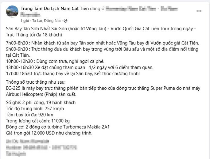 Thông tin tour du lịch bằng trực thăng giá 12.000 USD được đăng tải trên fanpage có tên "Trung Tâm Du Lịch Nam Cát Tiên"