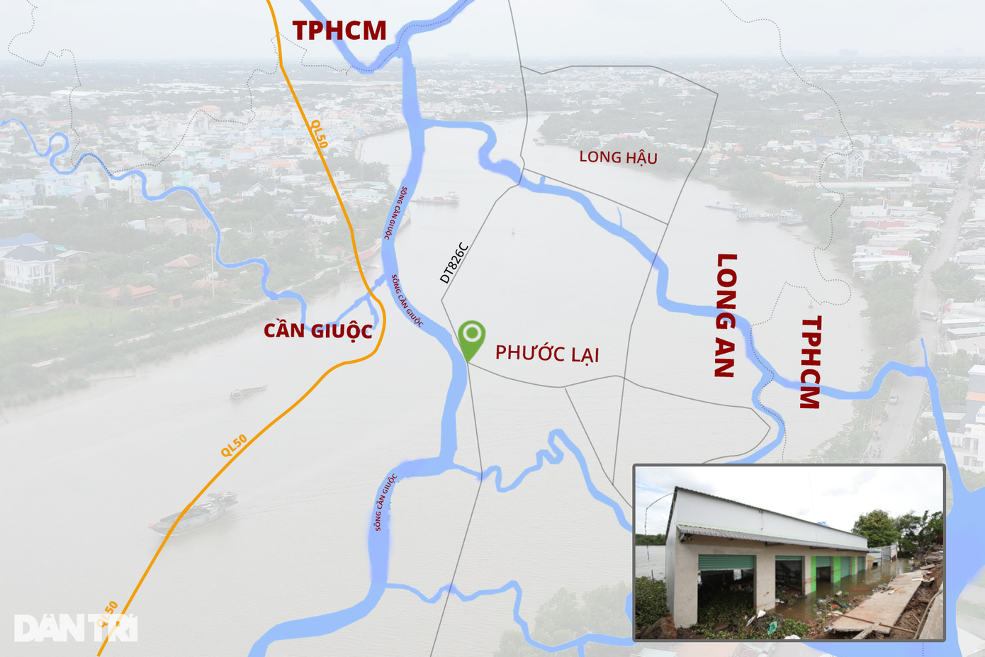 Vị trí xảy ra sạt lở nhà dân ở Ấp Lũy, xã Phước Lại, huyện Cần Giuộc, tỉnh Long An (Đồ họa: Ngà Trịnh). Vị trí xảy ra sạt lở nhà dân ở Ấp Lũy, xã Phước Lại, huyện Cần Giuộc, tỉnh Long An (Đồ họa: Ngà Trịnh).