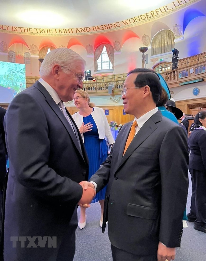 Chủ tịch nước Võ Văn Thưởng gặp Tổng thống Đức Frank-Walter Steinmeier. (Ảnh: TTXVN)