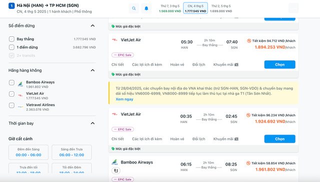 Giá vé máy bay chặng Hà Nội - TP HCM ngày 4-5 từ 1,8 triệu đồng/chặng Giá vé máy bay chặng Hà Nội - TP HCM ngày 4-5 từ 1,8 triệu đồng/chặng