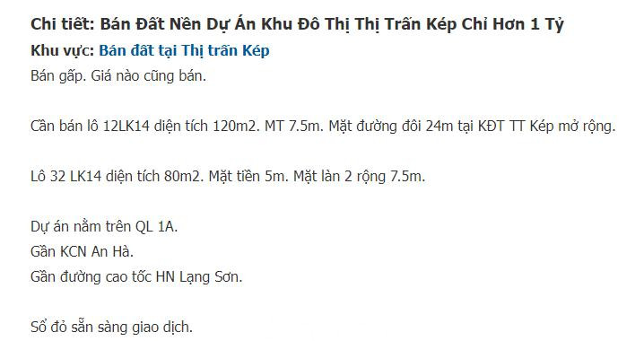 Dự án KĐT trung tâm thị trấn Kép mở rộng (huyện Lạng Giang, Bắc Giang) mặc dù đang trong quá trình GPMB, chưa đủ điều kiện chuyển nhượng nhưng vẫn có thông tin rao bán trên mạng xã hội và website môi giới nhà - đất. Dự án KĐT trung tâm thị trấn Kép mở rộng (huyện Lạng Giang, Bắc Giang) mặc dù đang trong quá trình GPMB, chưa đủ điều kiện chuyển nhượng nhưng vẫn có thông tin rao bán trên mạng xã hội và website môi giới nhà - đất.