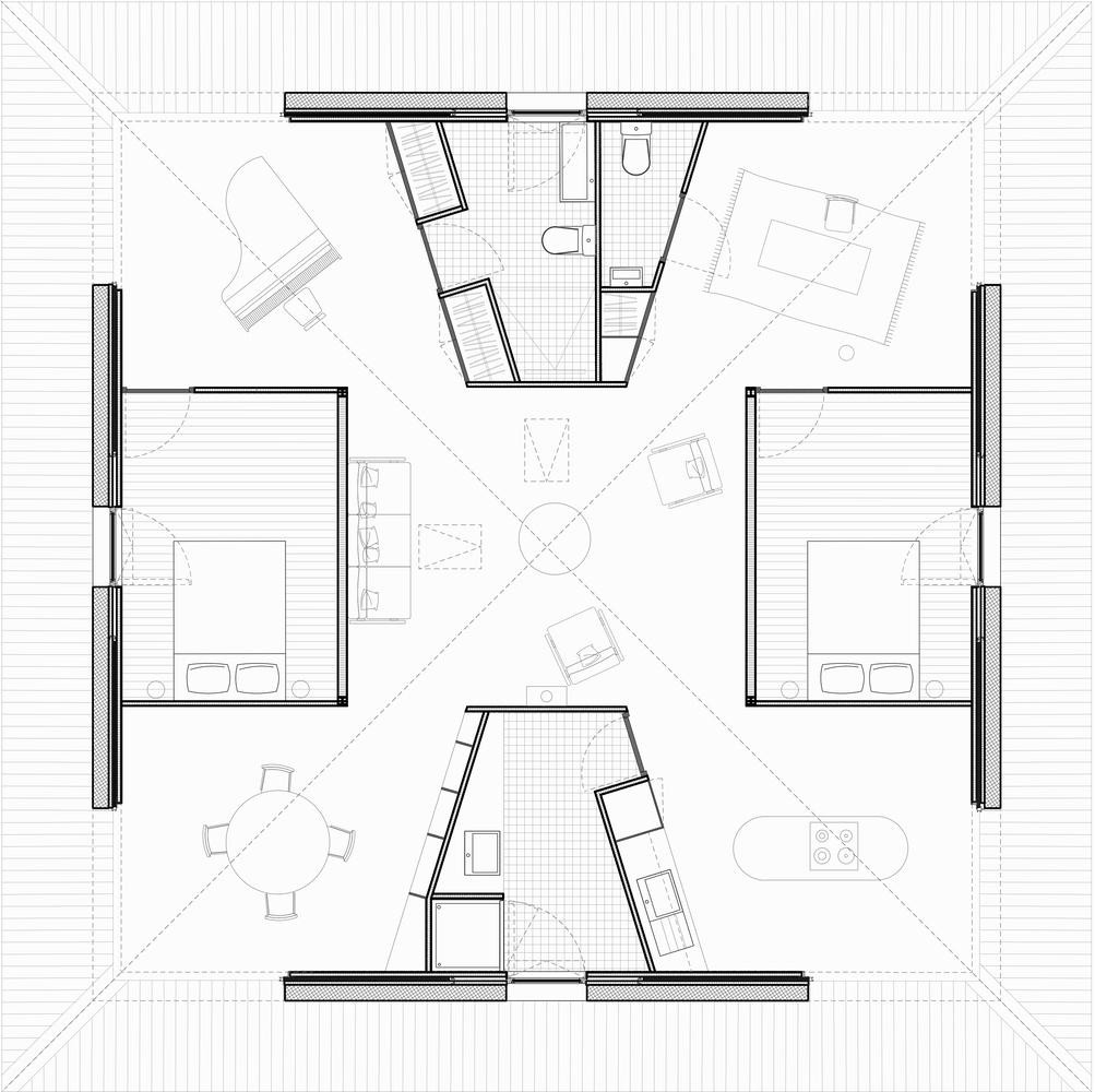 Các không gian trong nhà được phân chia theo đường chéo của hình vuông tạo thành 4 cánh của một ngôi sao. Các không gian trong nhà được phân chia theo đường chéo của hình vuông tạo thành 4 cánh của một ngôi sao.