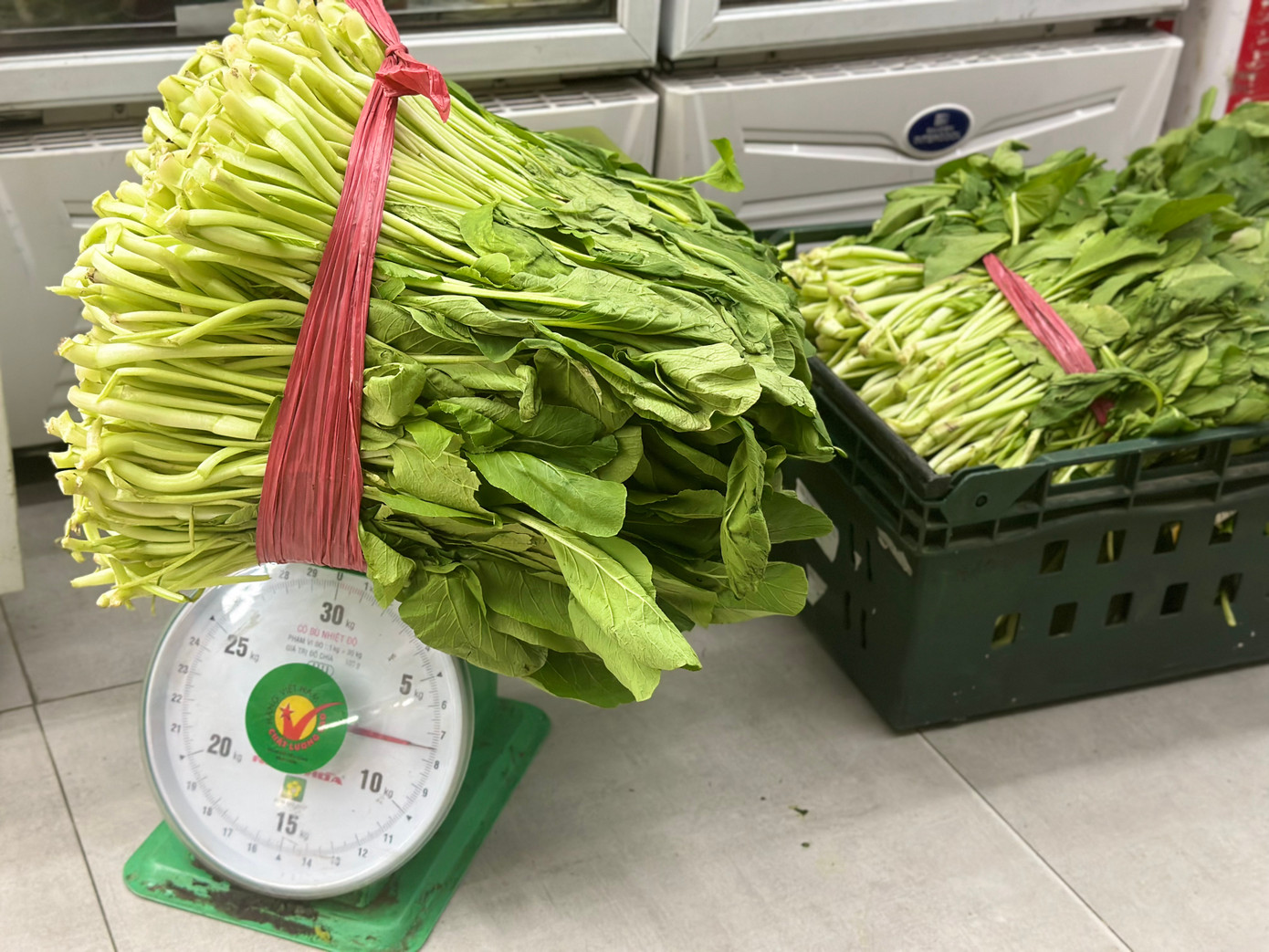 Vừa nhận 2 thùng rau cải, nhân viên cửa hàng tiện lợi tại khu tập thể Trung Tự (Hà Nội) nhanh chóng cân, chia thành các bó cho khách chờ sẵn. Vừa nhận 2 thùng rau cải, nhân viên cửa hàng tiện lợi tại khu tập thể Trung Tự (Hà Nội) nhanh chóng cân, chia thành các bó cho khách chờ sẵn.