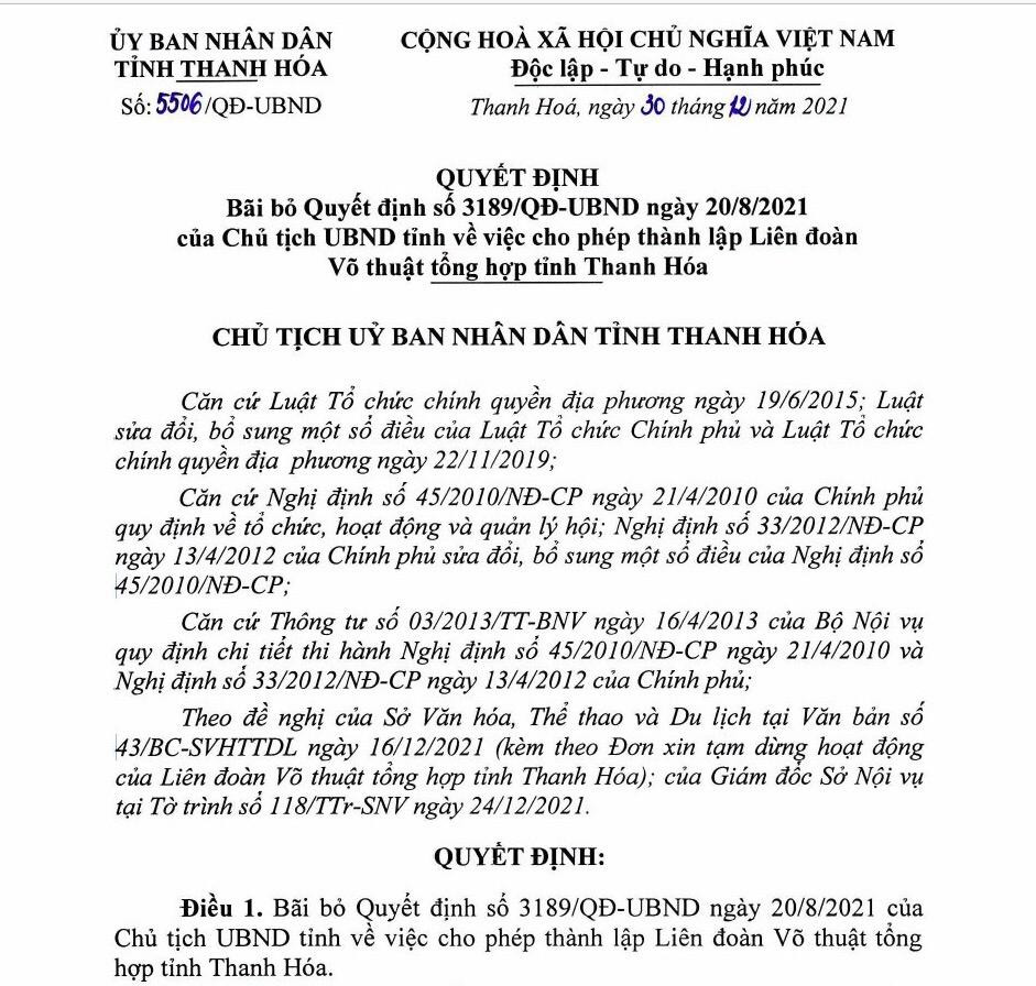 Quyết định bãi bỏ việc cho phép thành lập Liên đoàn Võ thuật tổng hợp tỉnh Thanh Hoá