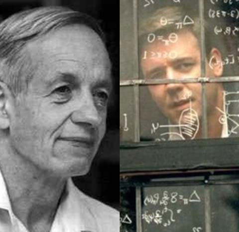 John Nash (trái) và diễn viên Russel Crowe vào vai ông trong phim A Beautiful Mind