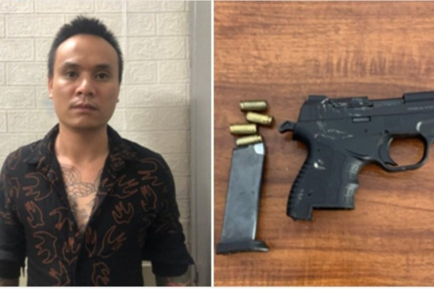 Đối tượng Đỗ Mạnh Tuấn và khẩu súng gây án.