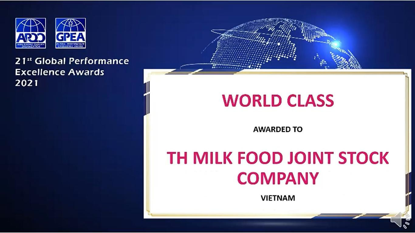 TH đạt hạng mục cao nhất – World Class Award của Giải thưởng Chất lượng quốc tế Châu Á –Thái Bình Dương 2021. Do dịch bệnh Covid-19, lễ trao giải được tổ chức trực tuyến TH đạt hạng mục cao nhất – World Class Award của Giải thưởng Chất lượng quốc tế Châu Á –Thái Bình Dương 2021. Do dịch bệnh Covid-19, lễ trao giải được tổ chức trực tuyến