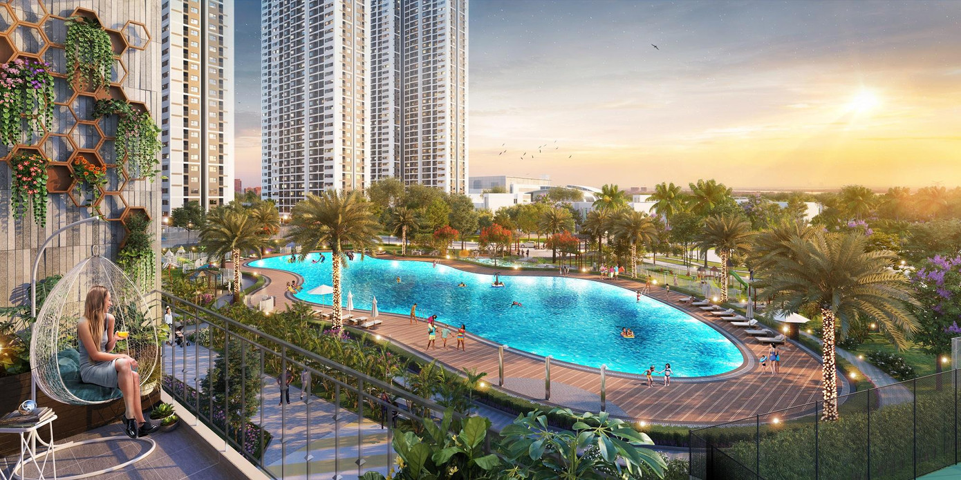 Góc view chuẩn phong cách resort ra bể bơi và nội khu xanh mướt