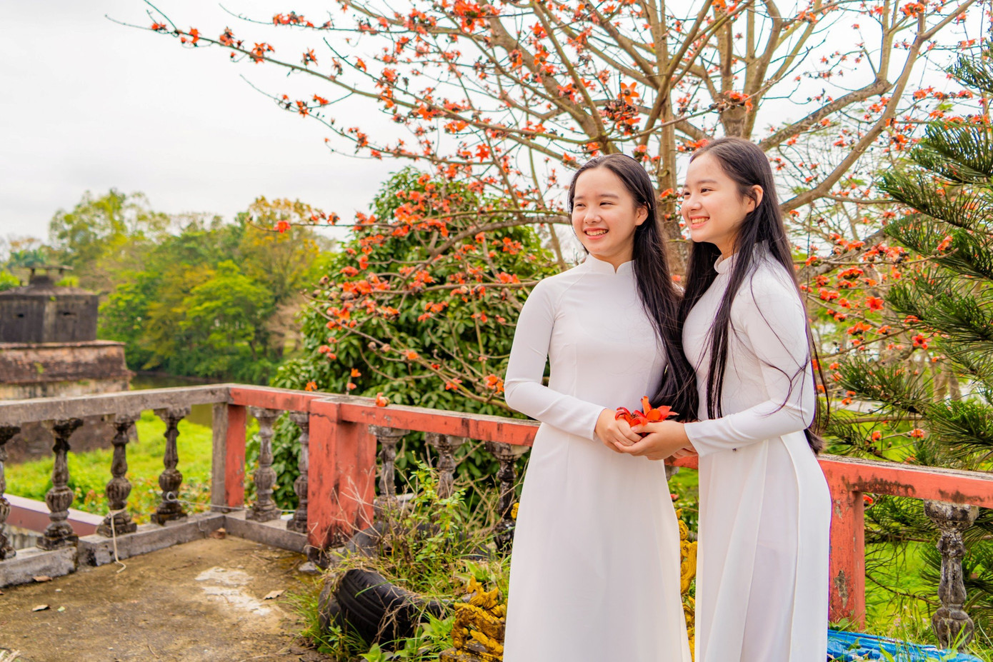 Thiếu nữ Huế check-in cùng hoa gạo nở. Ảnh: Bảo Minh