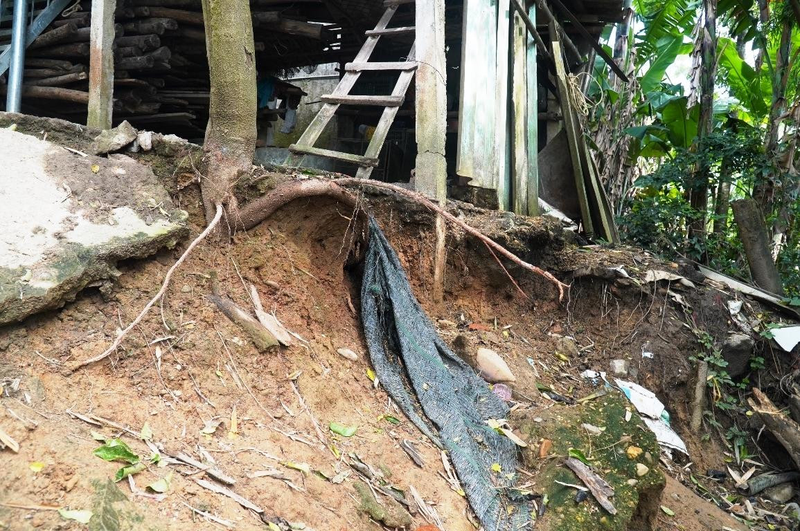 Theo ông Trịnh Xuân Nhân - Chủ tịch UBND xã Phong Sơn, qua kiểm tra thực tế khu vực dọc sông Bồ qua thôn Hiền Sỹ, cơ quan chức năng ghi nhận có nhiều nhà dân nằm trong vùng bị sạt lở đất rất nguy hiểm. Tình trạng sạt lở bờ sông tại địa phương vẫn ở mức độ nghiêm trọng. UBND xã đã có văn bản gửi Phòng Kinh tế - Hạ tầng và UBND huyện Phong Điền về tình hình sạt lở và kiến nghị, đề xuất hướng khắc phục nhằm đảm bảo an toàn cho người dân. Ảnh: N.V Theo ông Trịnh Xuân Nhân - Chủ tịch UBND xã Phong Sơn, qua kiểm tra thực tế khu vực dọc sông Bồ qua thôn Hiền Sỹ, cơ quan chức năng ghi nhận có nhiều nhà dân nằm trong vùng bị sạt lở đất rất nguy hiểm. Tình trạng sạt lở bờ sông tại địa phương vẫn ở mức độ nghiêm trọng. UBND xã đã có văn bản gửi Phòng Kinh tế - Hạ tầng và UBND huyện Phong Điền về tình hình sạt lở và kiến nghị, đề xuất hướng khắc phục nhằm đảm bảo an toàn cho người dân. Ảnh: N.V