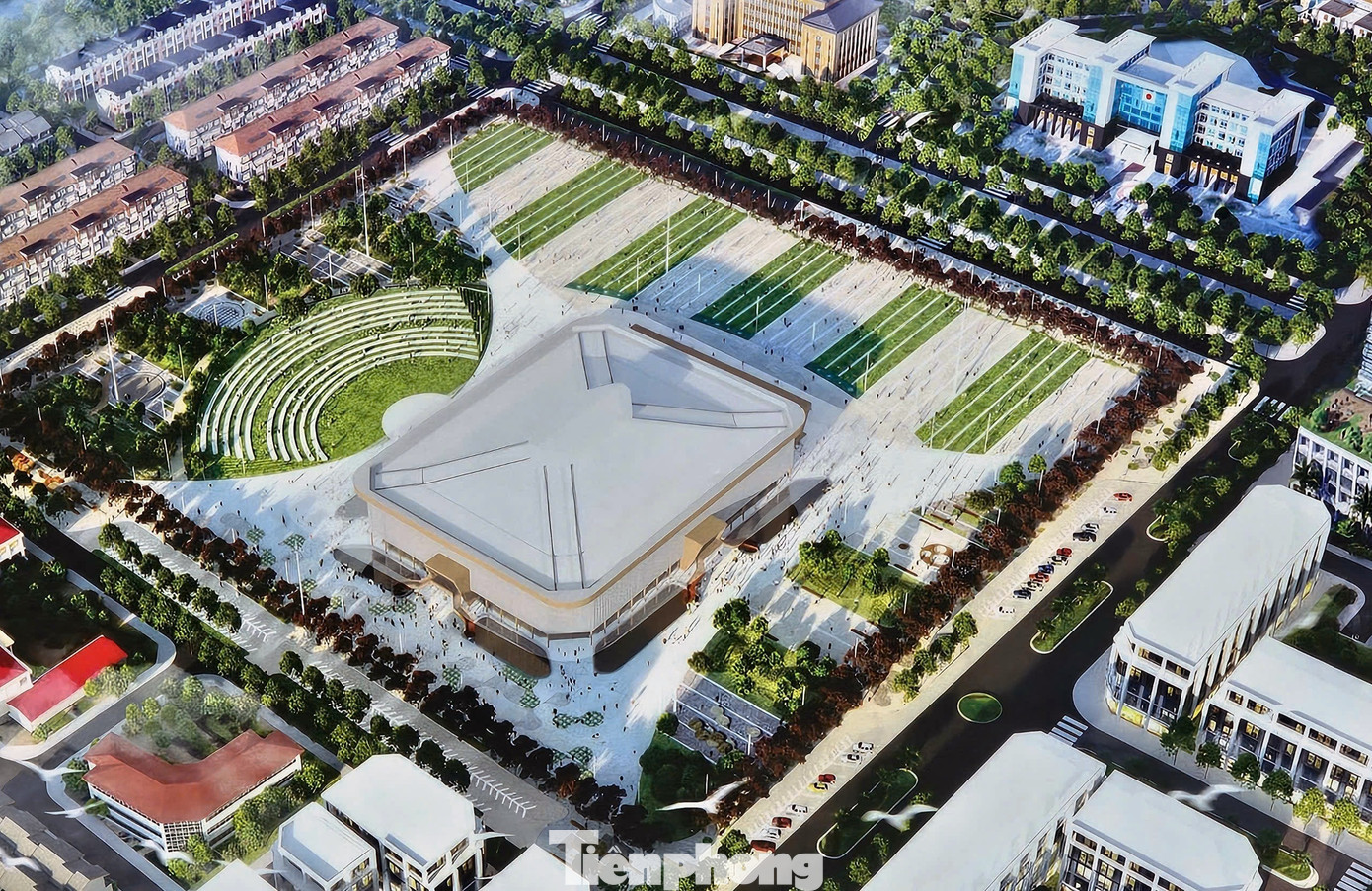 Về hạ tầng kỹ thuật của quảng trường sẽ có 3 khu chức năng, gồm khu công trình công cộng, khu đất cây xanh và khu đất giao thông. (Ảnh phối cảnh).