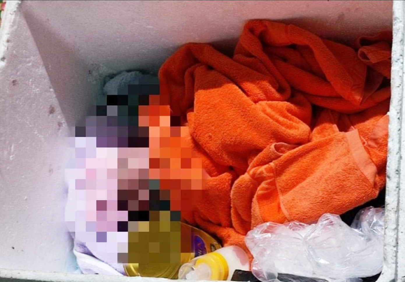 Cháu bé nằm trong thùng xốp đặt trước một ngôi nhà dân tại Vinh Hiền, Phú Lộc, TT-Huế. Ảnh: CTV