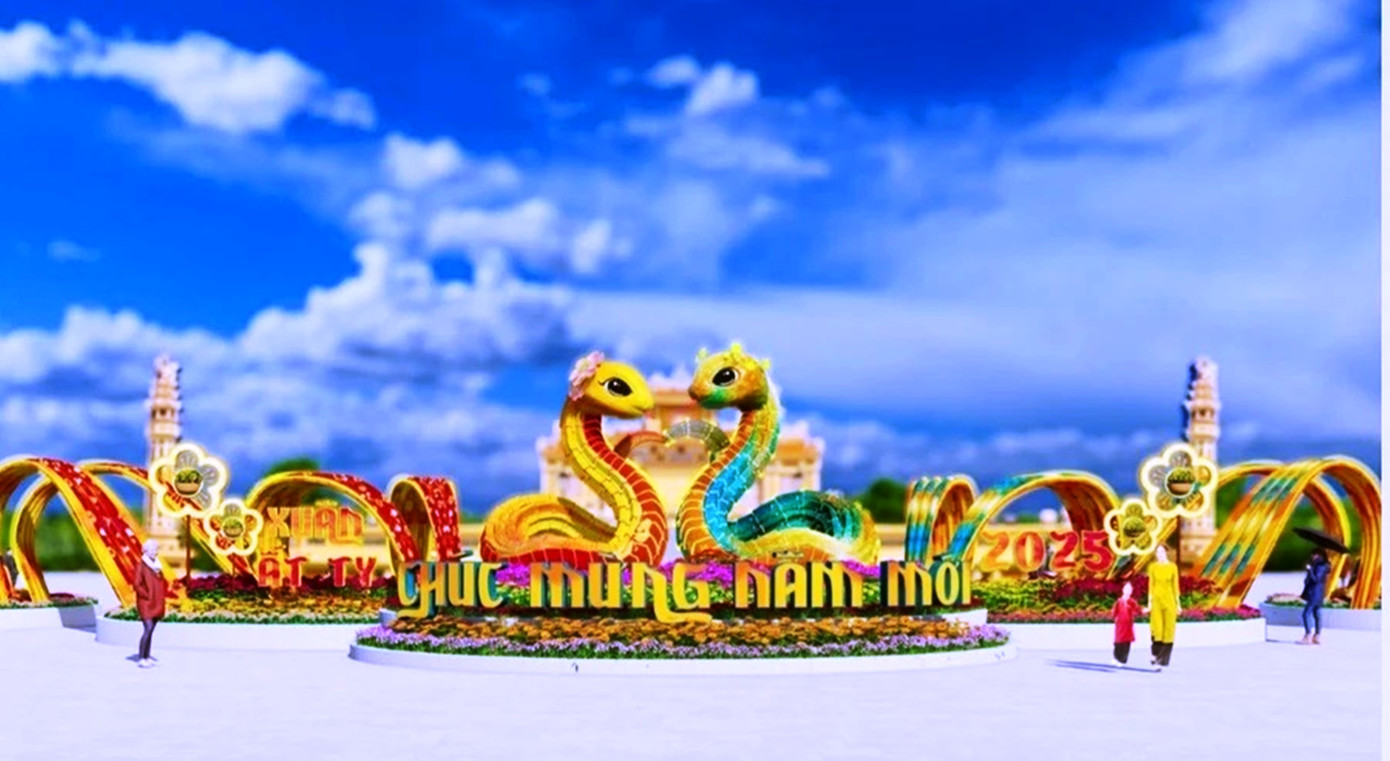 Phối cảnh cặp linh vật rắn Tết Nguyên đán Ất Tỵ tại Huế. Phối cảnh cặp linh vật rắn Tết Nguyên đán Ất Tỵ tại Huế.