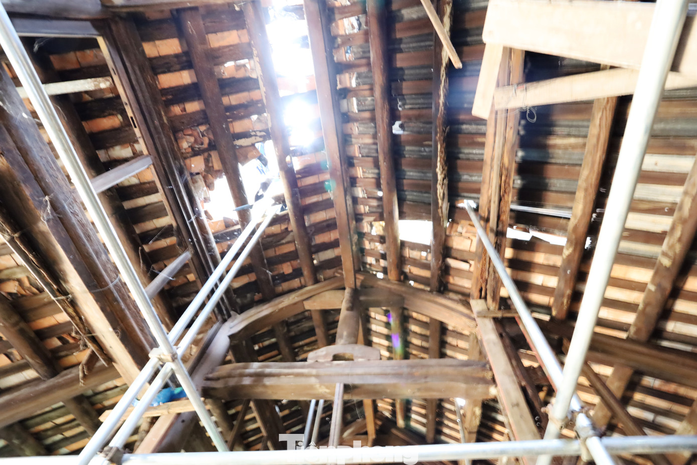 Những thanh giàn giáo kim loại được dựng lên một cách chênh vênh, như một nỗ lực níu giữ những gì còn sót lại trước sự tàn phá không ngừng của thời gian. Chúng đan xen với bộ khung gỗ cũ, tạo ra sự đối lập giữa cái mới và cái cũ, giữa sự kiên trì bảo tồn và sự tàn phá vô tình của thời gian, khí hậu khắc nghiệt. Những thanh giàn giáo kim loại được dựng lên một cách chênh vênh, như một nỗ lực níu giữ những gì còn sót lại trước sự tàn phá không ngừng của thời gian. Chúng đan xen với bộ khung gỗ cũ, tạo ra sự đối lập giữa cái mới và cái cũ, giữa sự kiên trì bảo tồn và sự tàn phá vô tình của thời gian, khí hậu khắc nghiệt.