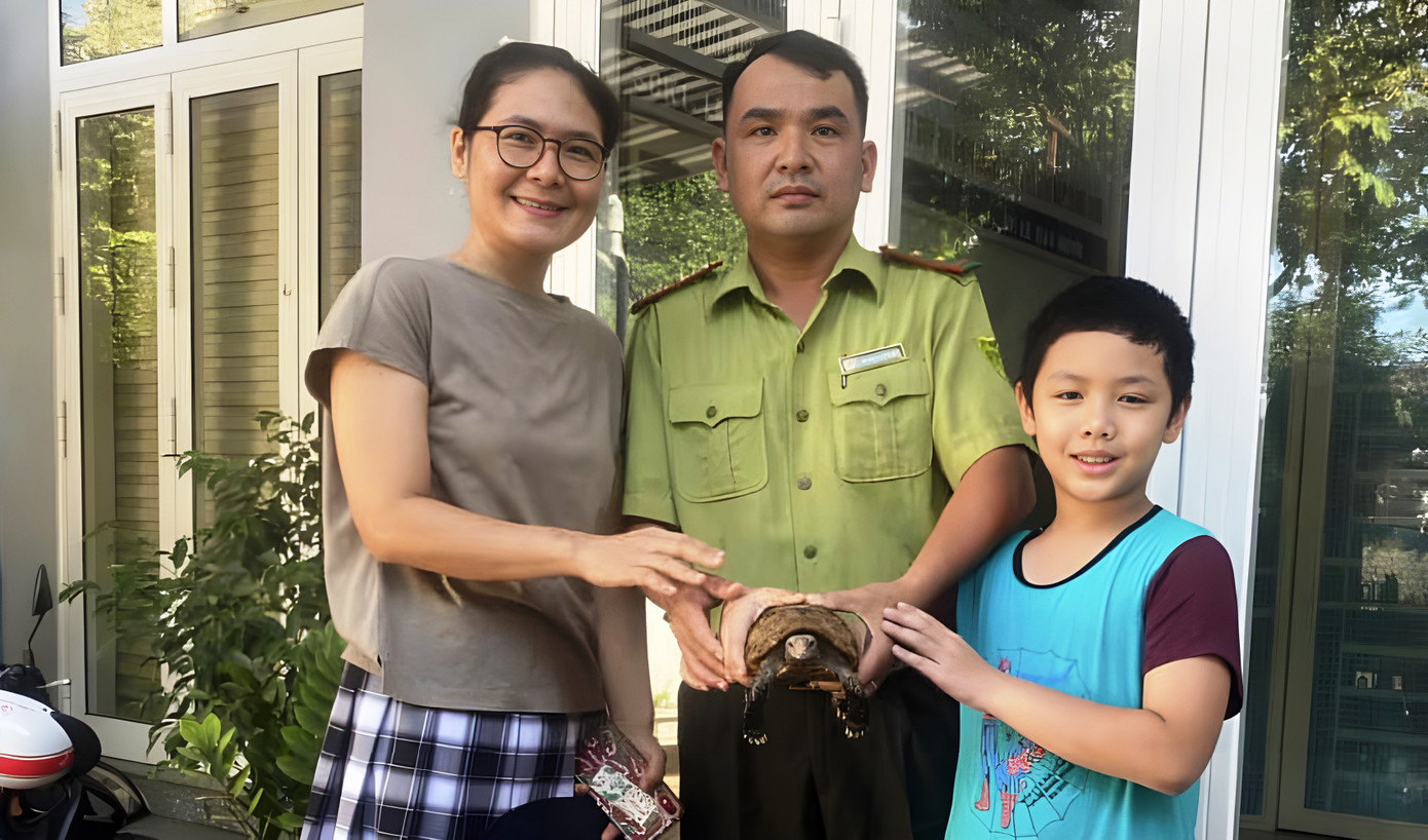 Chị Lê Quý Tiểu Hải giao nộp cá thể rùa quý hiếm cho cơ quan kiểm lâm. Chị Lê Quý Tiểu Hải giao nộp cá thể rùa quý hiếm cho cơ quan kiểm lâm.