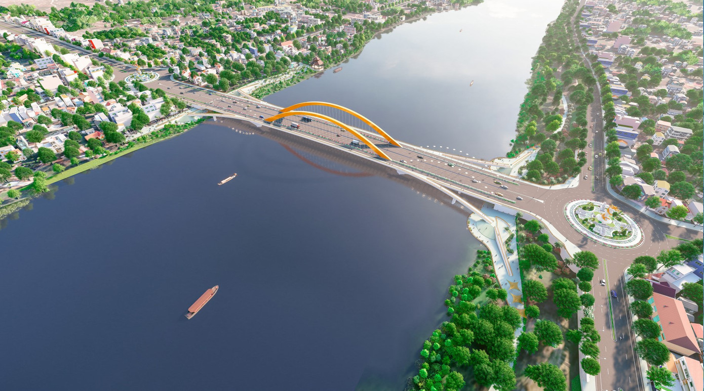 Cây cầu vượt có chiều dài nhịp thông thuyền 180m này là cây cầu vòm thép có chiều dài thông thuyền và bề rộng lớn nhất Việt Nam. Ảnh phối cảnh