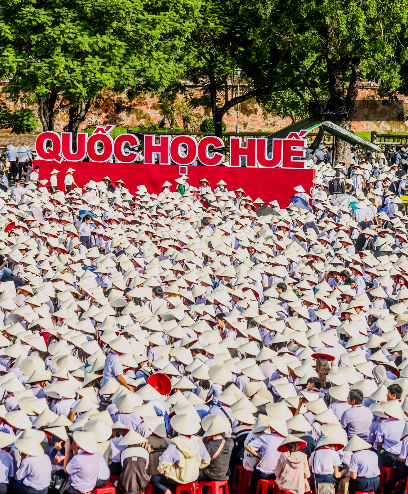 "Rừng" nón lá đặc trưng xứ Huế được tạo nên bởi hàng nghìn học sinh là cổ động viên của chương trình. Ảnh: Xuân Đạt "Rừng" nón lá đặc trưng xứ Huế được tạo nên bởi hàng nghìn học sinh là cổ động viên của chương trình. Ảnh: Xuân Đạt