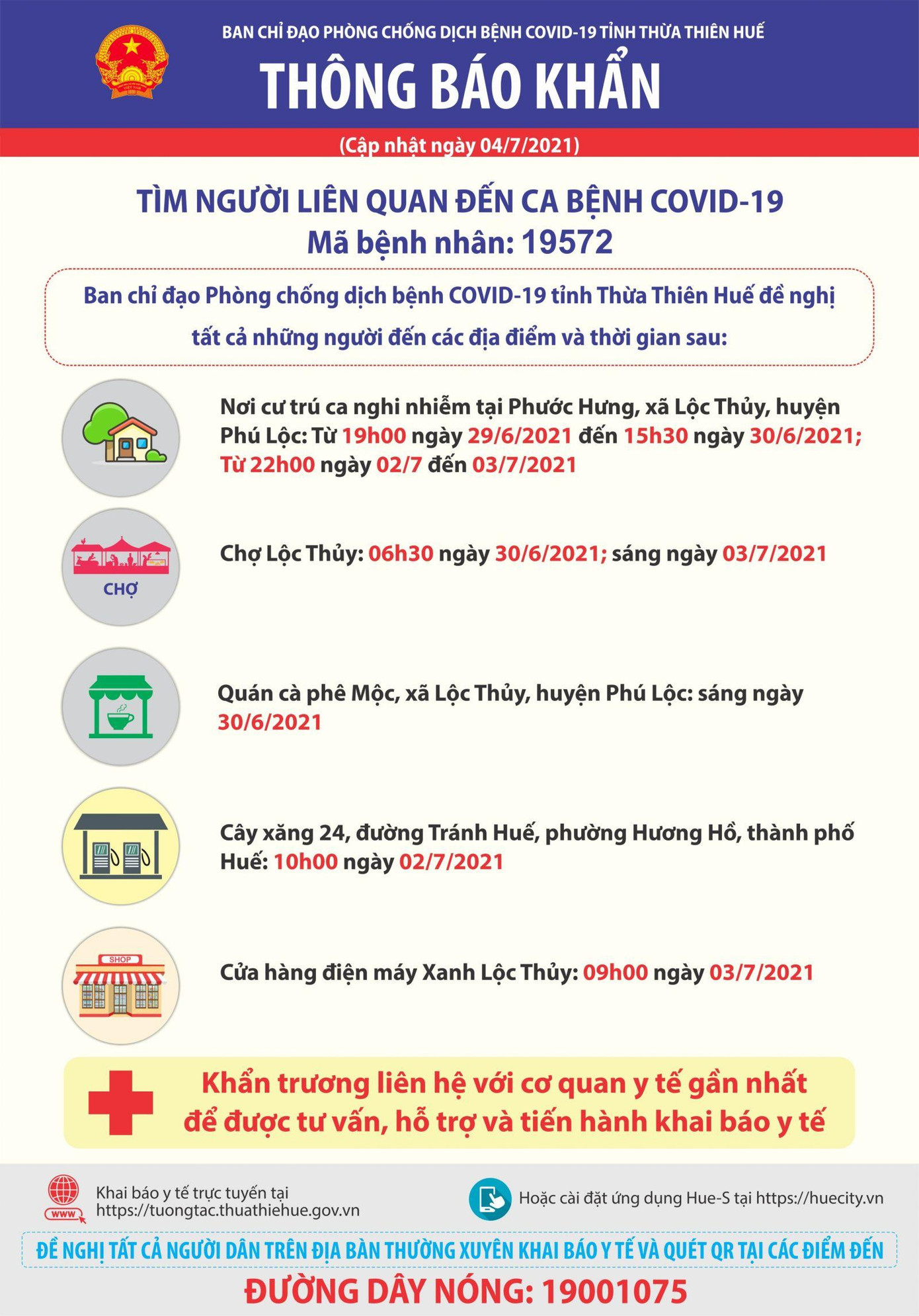 Thông báo khẩn của Ban chỉ đạo phòng chống dịch bệnh COVID-19 tỉnh TT-Huế liên quan ca bệnh 19572 - người từng là F1 của tài xế N.A.T
