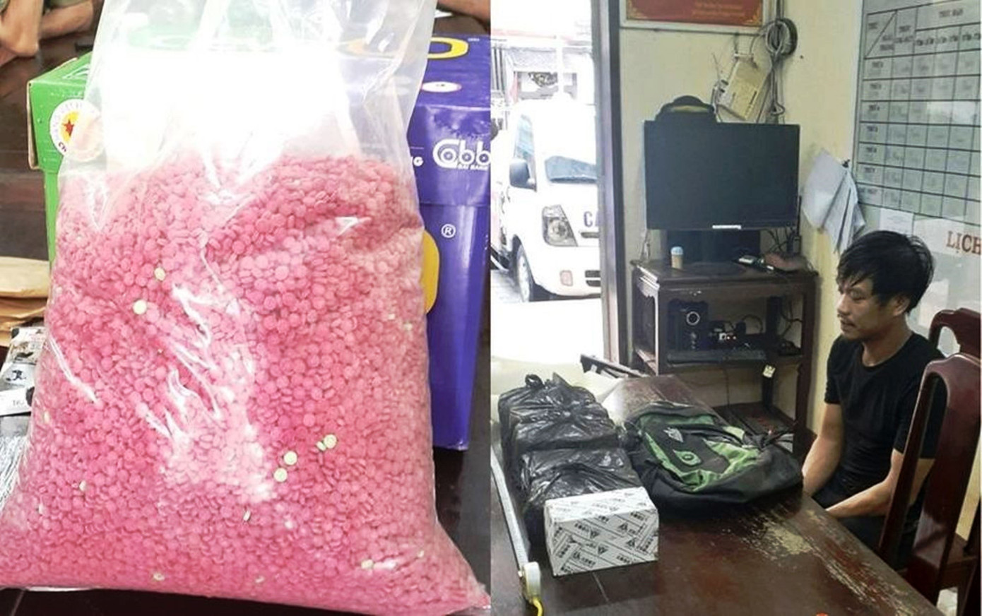 Võ Công Khuê cùng các tang vật và gần 6kg ma túy Methamphetamine.