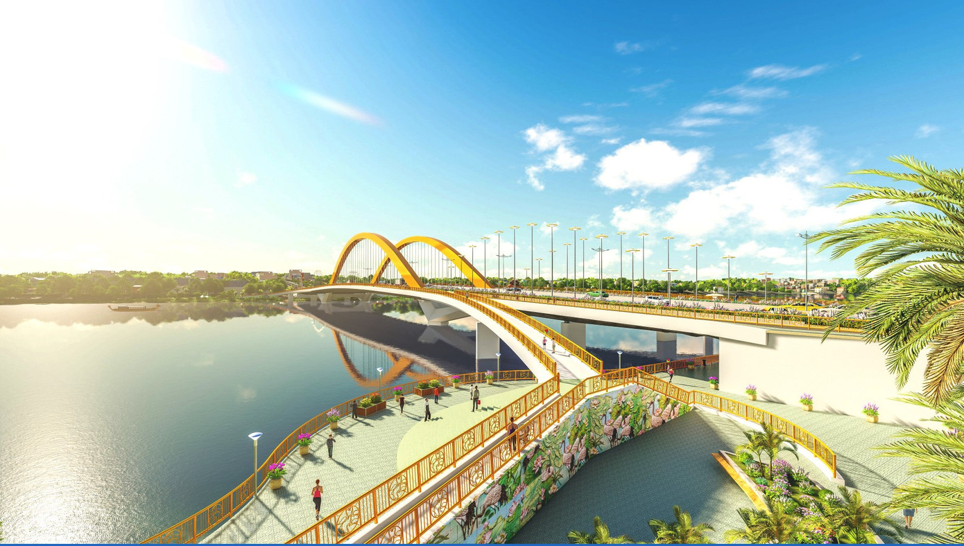 Ý tưởng cây cầu với hình tượng Hạc chầu Thiên Mụ, các trụ cầu chữ V tượng trưng cho đàn hạc đang vỗ cánh bay về quần tụ. Ảnh phối cảnh