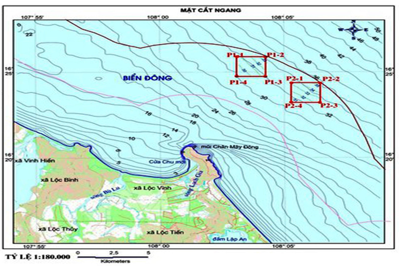Hai khu vực được phê duyệt là nơi nhận chìm vật chất nạo vét thuộc vùng biển xã Lộc Vĩnh, huyện Phú Lộc, tỉnh TT-Huế. Ảnh: CTV Hai khu vực được phê duyệt là nơi nhận chìm vật chất nạo vét thuộc vùng biển xã Lộc Vĩnh, huyện Phú Lộc, tỉnh TT-Huế. Ảnh: CTV