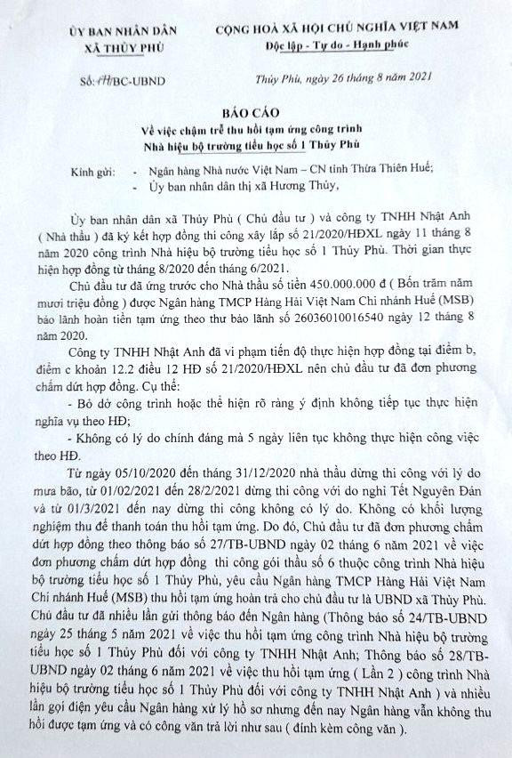 Văn bản của UBND xã Thủy Phù báo cáo tình hình khó khăn thu hồi tiền tạm ứng xây trường do ngân hàng bảo lãnh Văn bản của UBND xã Thủy Phù báo cáo tình hình khó khăn thu hồi tiền tạm ứng xây trường do ngân hàng bảo lãnh