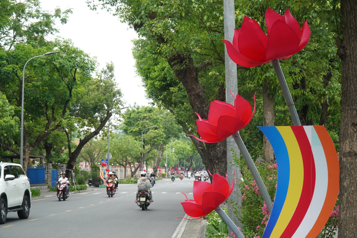 Trên các trục đường chính của TP. Huế, BTC Đại lễ Phật đản PL 2568 tỉnh TT-Huế đã cho thiết trí nhiều cụm hoa sen màu đỏ tím lạ tinh tế, bắt mắt.