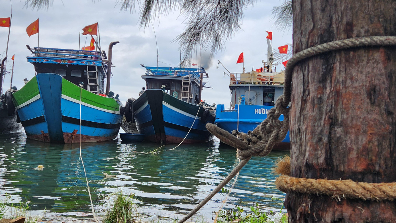 Tàu thuyền tại phường Thuận An, TP Huế, vào bờ neo đậu an toàn để trú tránh bão số 6. Ảnh: N.V