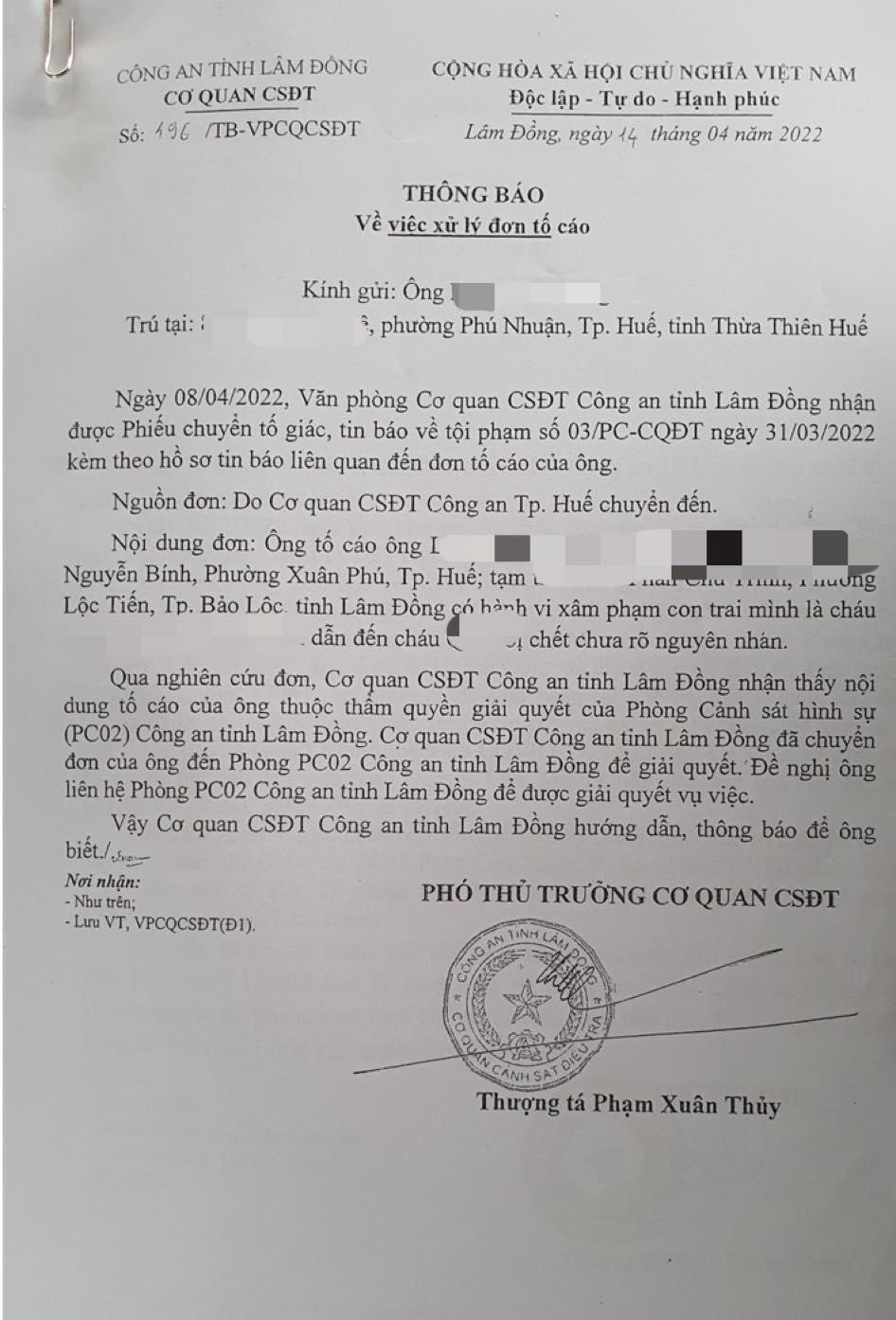 Đơn tố giác của gia đình ông N.H.N ngụ tại TP Huế. Ảnh do gia đình ông N.H.N cung cấp Đơn tố giác của gia đình ông N.H.N ngụ tại TP Huế. Ảnh do gia đình ông N.H.N cung cấp