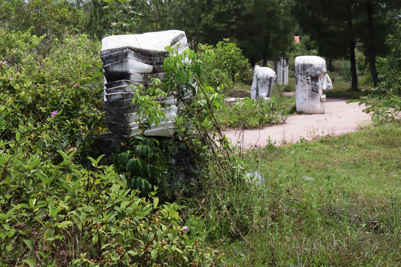 Đến đây vào buổi chiều muộn cuối tháng 8, bắt gặp khung cảnh vắng vẻ, u ám. Những bức tượng nằm phân tán, lẩn lút, ẩn hiện trong cỏ cây, lùm bụi thuộc một khoảnh đồi Thiên An đã bị quên lãng.