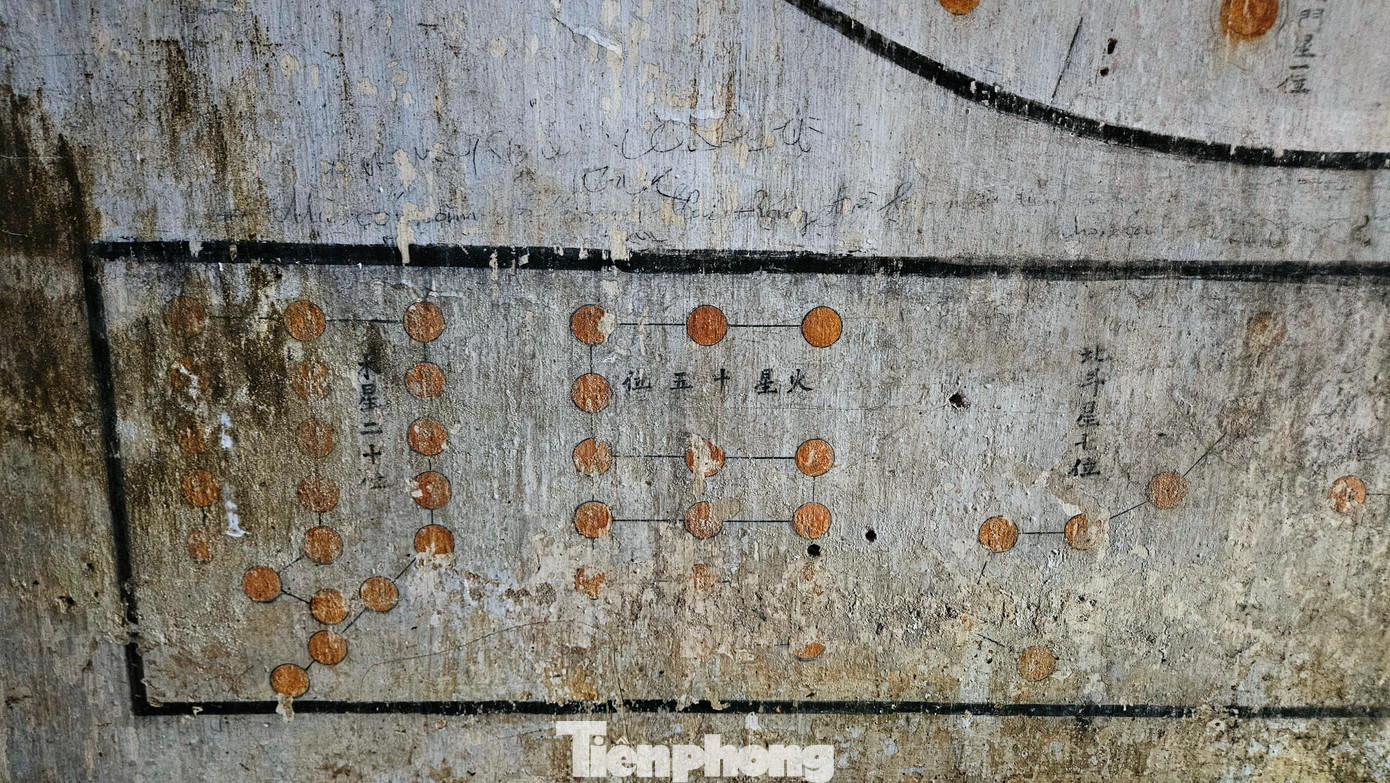 Trên bức tường mục nát đã bị bong tróc, vẫn còn dấu vết một phần của sơ đồ thiên văn để theo dõi chu kỳ thời gian, phương hướng hoặc các vì sao. Trên bức tường mục nát đã bị bong tróc, vẫn còn dấu vết một phần của sơ đồ thiên văn để theo dõi chu kỳ thời gian, phương hướng hoặc các vì sao.