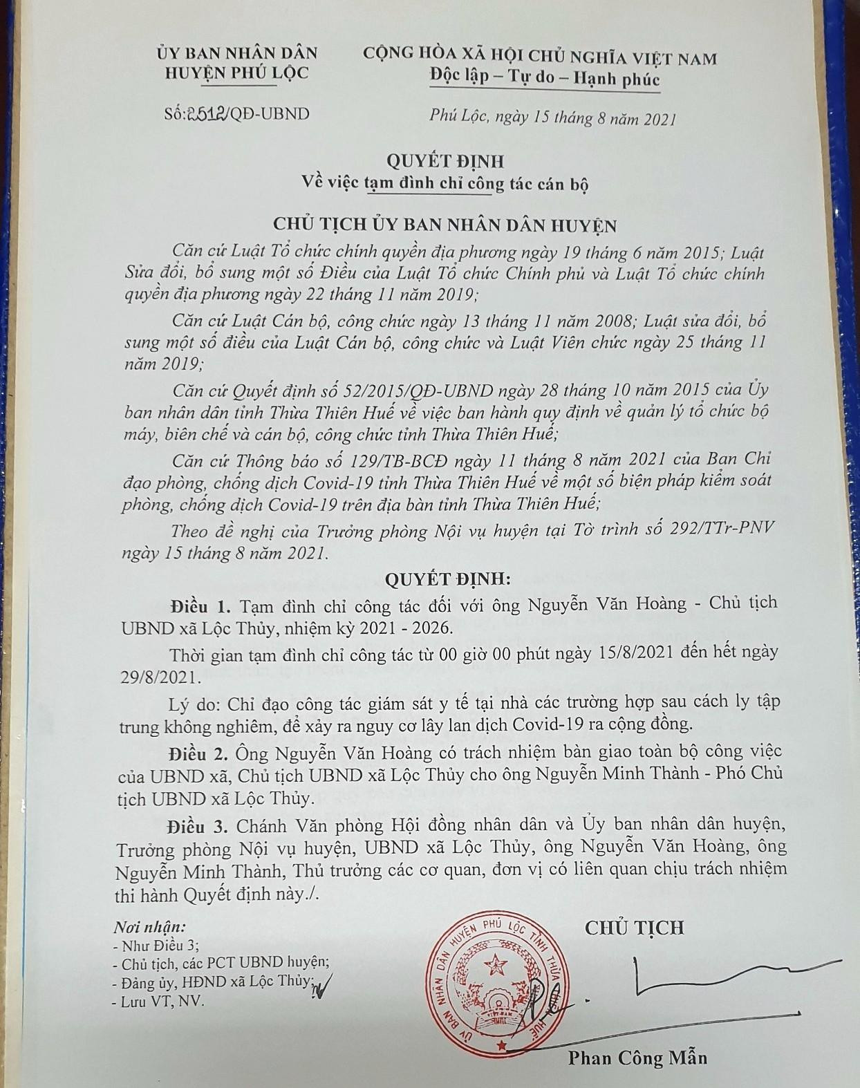 Văn bản tạm đình chỉ công tác đối với ông Nguyễn Văn Hoàng, Chủ tịch UBND xã Lộc Thủy Văn bản tạm đình chỉ công tác đối với ông Nguyễn Văn Hoàng, Chủ tịch UBND xã Lộc Thủy