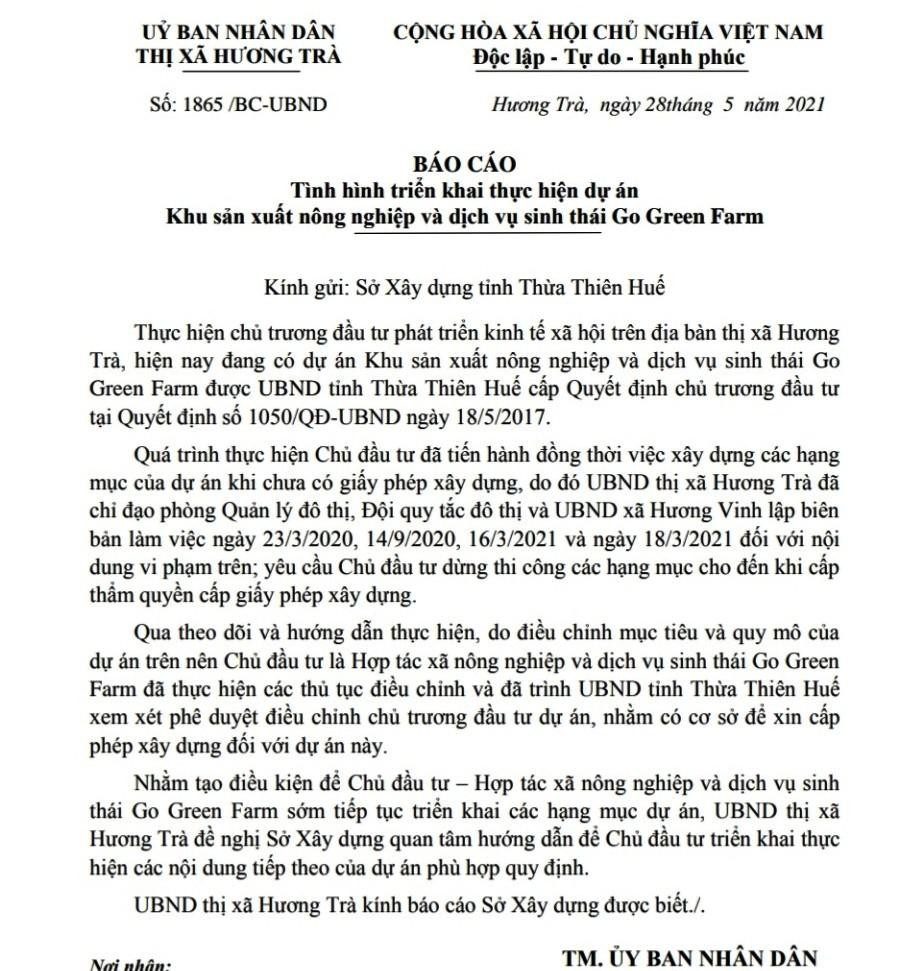 Báo cáo kèm nội dung xin "tạo điều kiện" để dự án Go Green Farm sớm triển khai các hạng mục phù hợp, do lãnh đạo thị xã Hương Trà ký ban hành