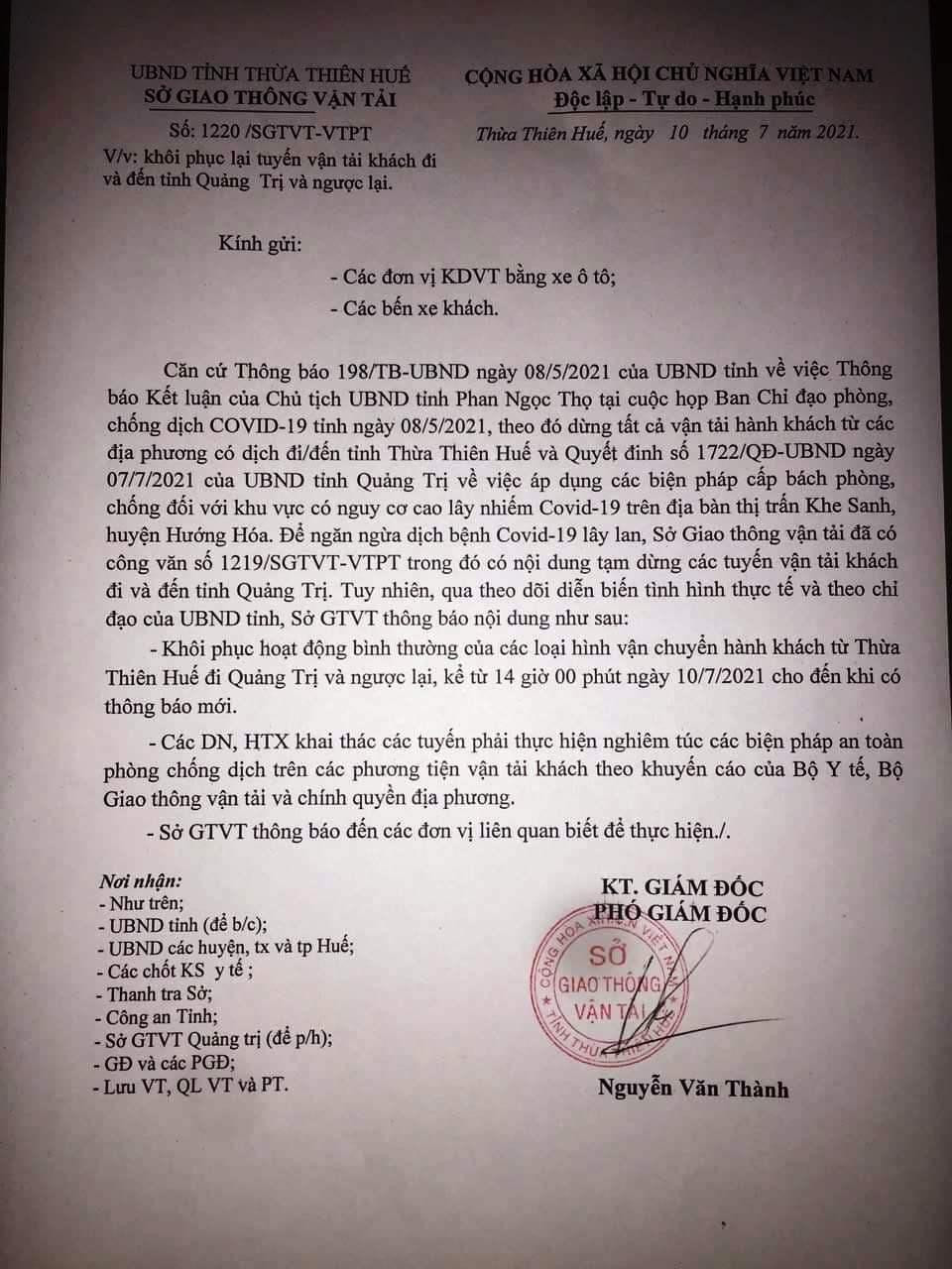 Công văn 1220 cũng ban hành trong ngày 10/7 về việc khôi phục lại tuyến vận tải hành khách đi và đến tỉnh Quảng Trị và ngược lại