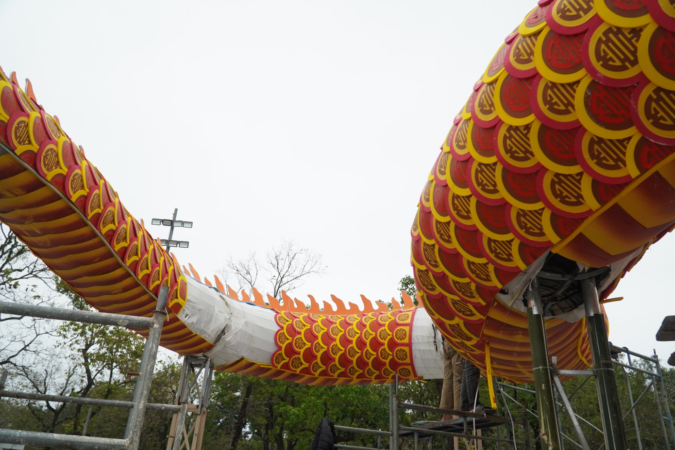 Thân rồng được làm bằng khung thép tròn, có nhiều đoạn uốn lượn từ đầu, thân, đến phần đuôi.