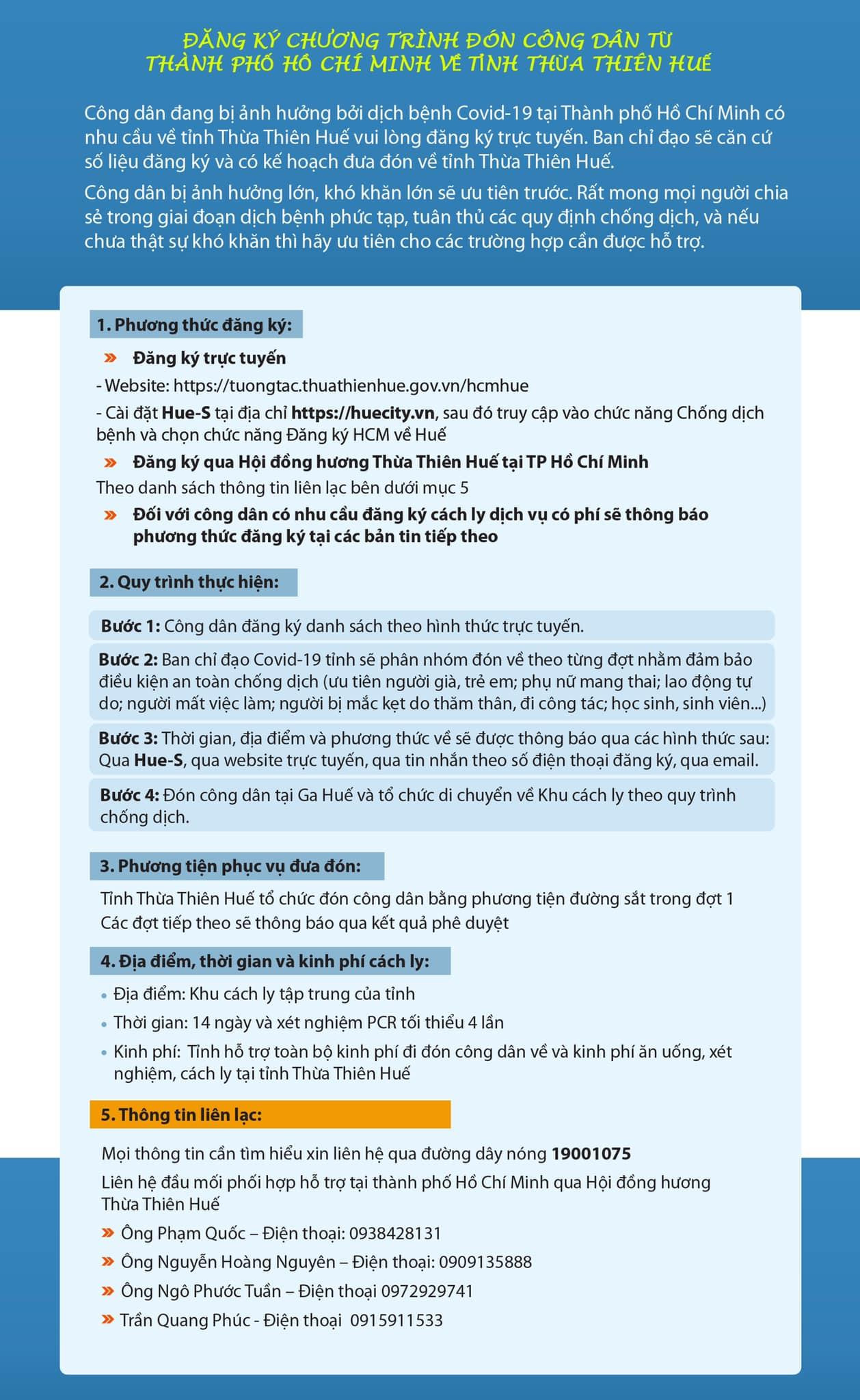 UBND tỉnh TT-Huế hướng dẫn quy trình tiếp nhận thông tin, đón công dân từ TPHCM về quê UBND tỉnh TT-Huế hướng dẫn quy trình tiếp nhận thông tin, đón công dân từ TPHCM về quê