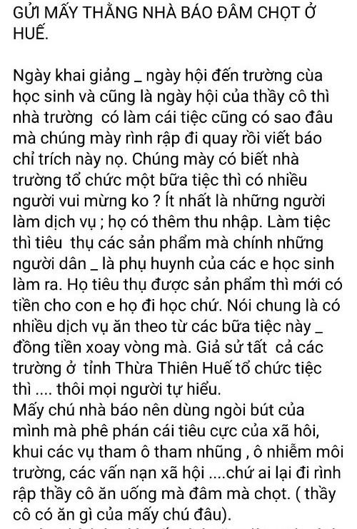 Nội dung do ông T.Q.K viết trên trang cá nhân về việc tiệc tùng nhân năm học mới Nội dung do ông T.Q.K viết trên trang cá nhân về việc tiệc tùng nhân năm học mới