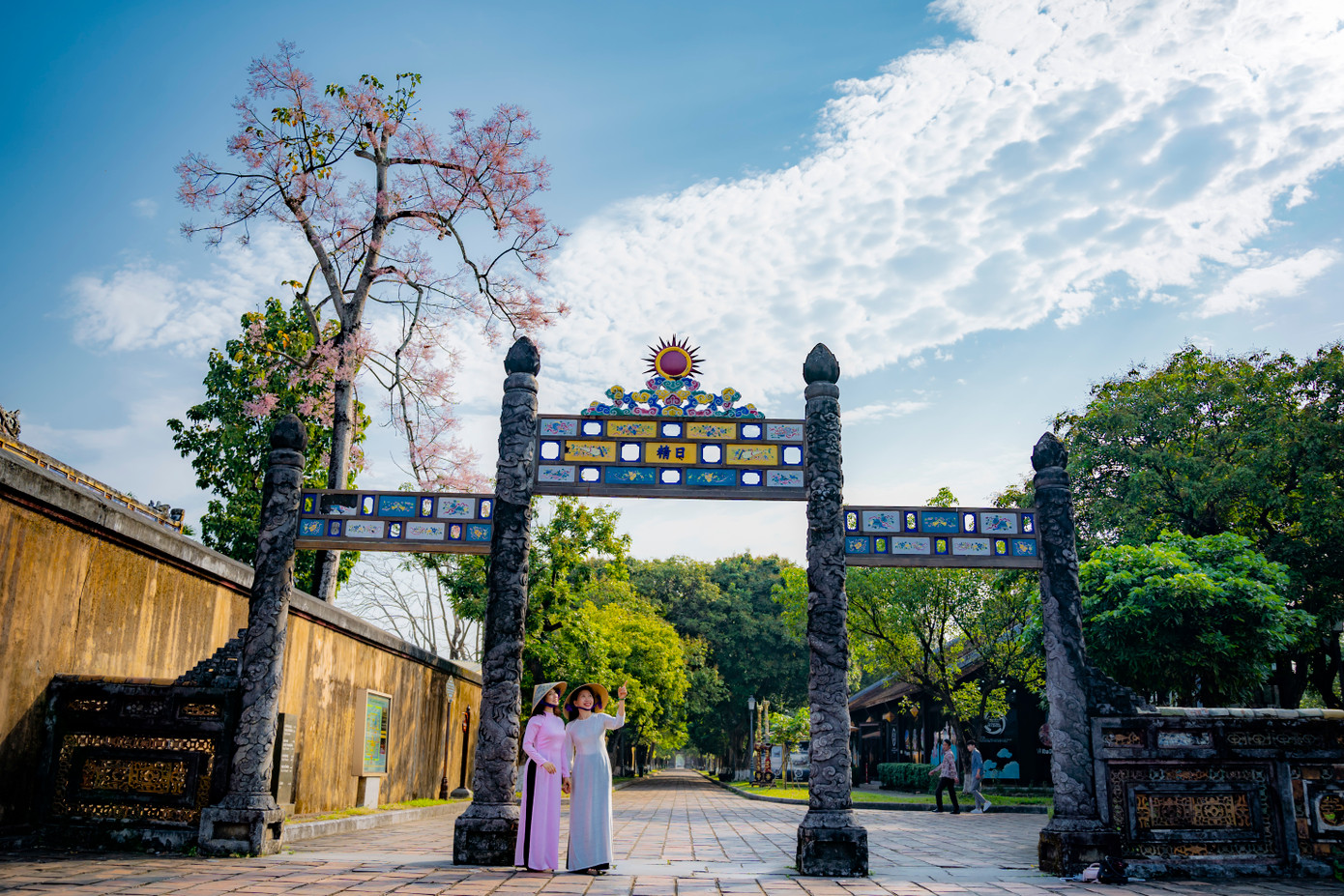 Đến tham quan Hoàng thành Huế mùa này, sẽ là điều đáng tiếc nếu du khách bỏ qua việc chiêm ngưỡng loài "vương giả chi hoa" quý phái bậc nhất đất cố đô này, đặc biệt là hai cây ngô đồng lớn ngay góc sau điện Thái Hòa luôn nở hoa đúng dịp cuối xuân đầu hè. (Ảnh: Đình Hoàng)