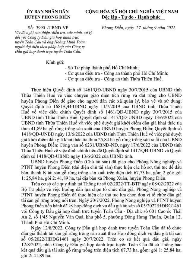 Văn bản của UBND huyện Phong Điền đề nghị cơ quan công an xác minh, làm rõ vụ việc (Ảnh: CTV).