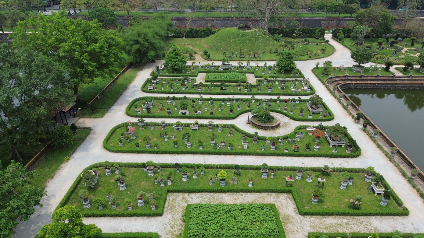 Các tác phẩm được trưng bày tại vườn Thiệu Phương (trưng bày phong lan) và vườn Cơ Hạ (trưng bày cây kiểng, đá cảnh), tạo sự hài hòa trong không gian cung đình cổ kính, vương giả.