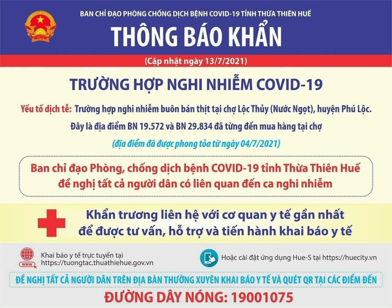 Thông báo khẩn về trường hợp nghi mắc COVID-19 là một phụ nữ bán thịt lợn tại xã Lộc Thủy, huyện Phú Lộc, TT-Huế
