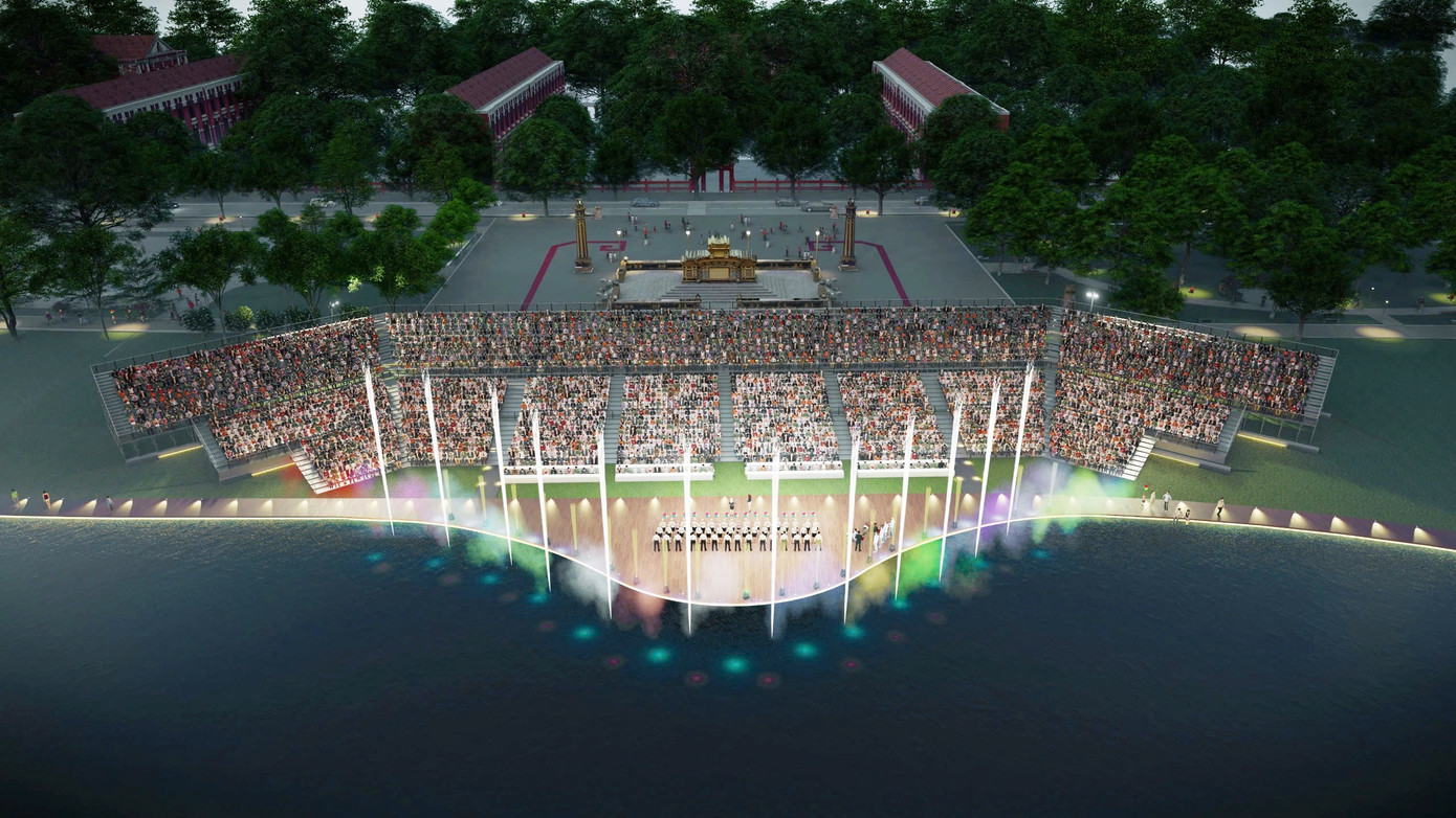 Phối cảnh sân khấu ngoài trời ven sông Hương đoạn gần cổng trường THPT Chuyên Quốc học Huế. Ảnh phối cảnh. Phối cảnh sân khấu ngoài trời ven sông Hương đoạn gần cổng trường THPT Chuyên Quốc học Huế. Ảnh phối cảnh.