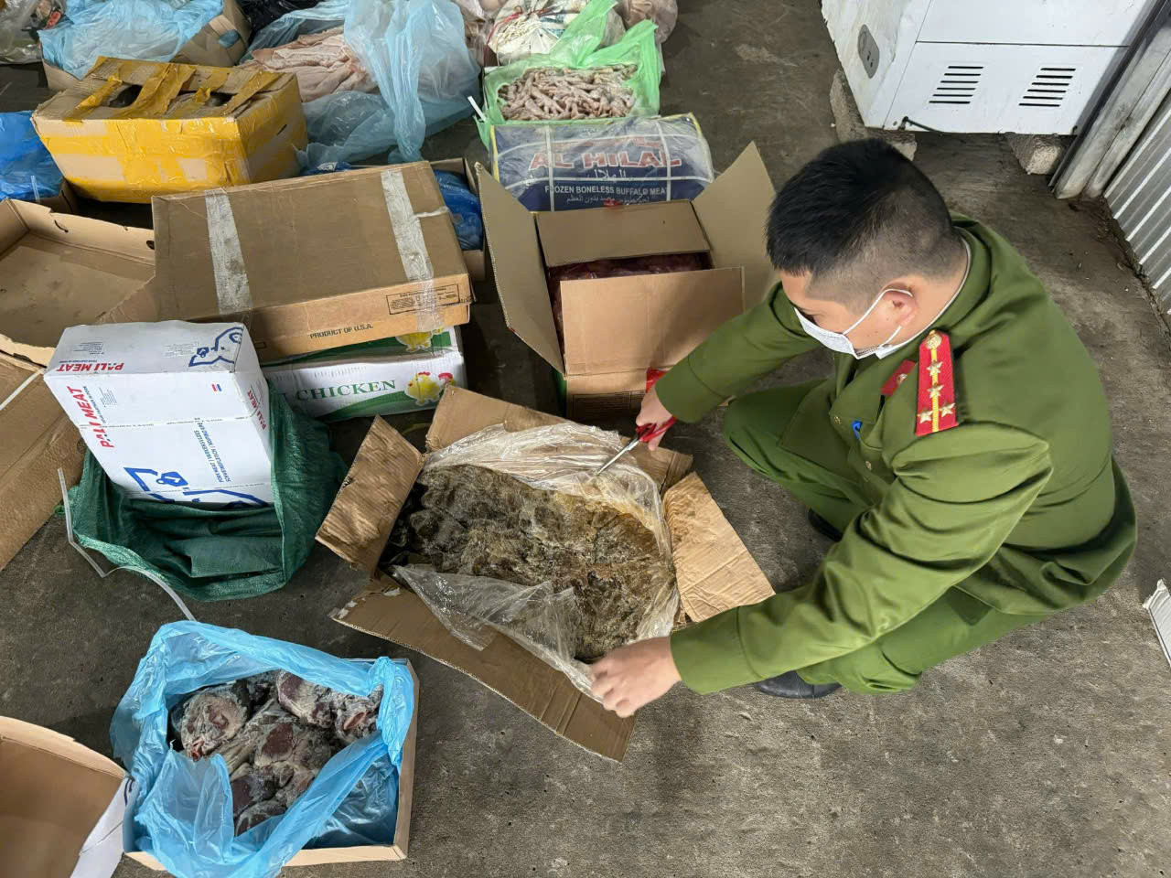 Thực phẩm đông lạnh đã chuyển màu đen, bốc mùi hôi. Thực phẩm đông lạnh đã chuyển màu đen, bốc mùi hôi.