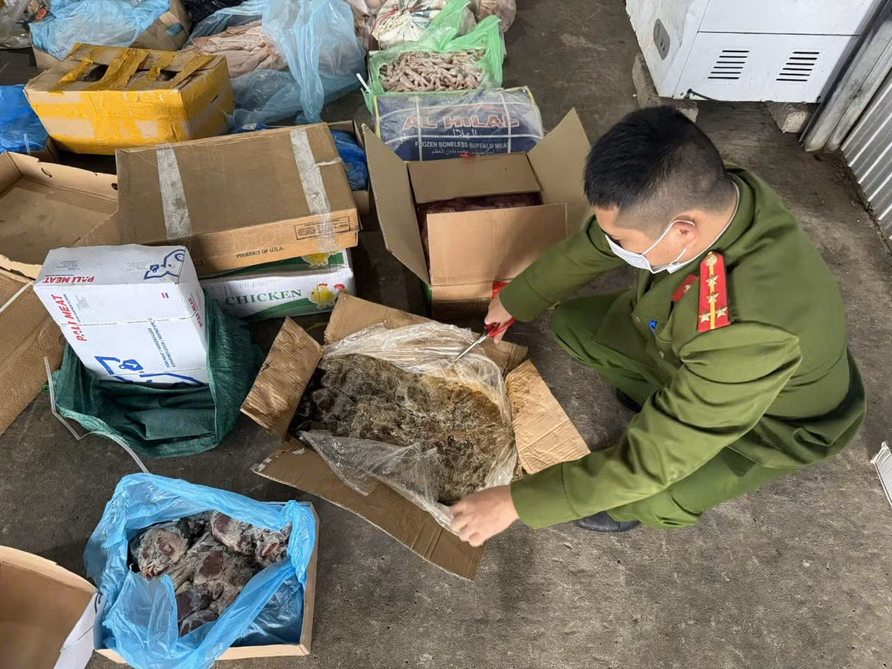 Thực phẩm đông lạnh đã chuyển màu đen, bốc mùi hôi. Thực phẩm đông lạnh đã chuyển màu đen, bốc mùi hôi.