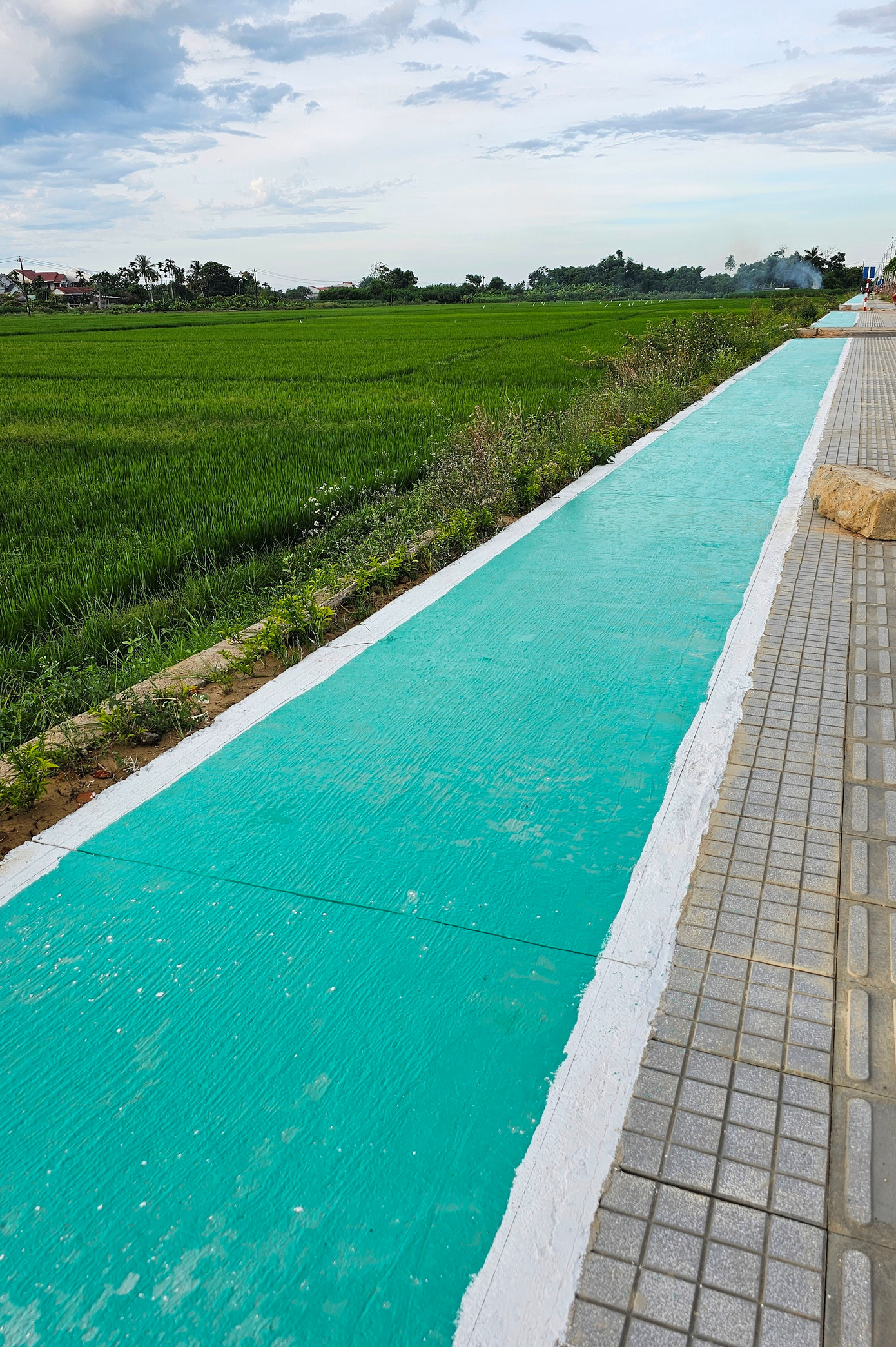 Khi chạy bộ trên những vỉa hè mới nâng cấp, nhiều người dân Huế tò mò về những dải sơn xanh dài hun hút này. Khi chạy bộ trên những vỉa hè mới nâng cấp, nhiều người dân Huế tò mò về những dải sơn xanh dài hun hút này.