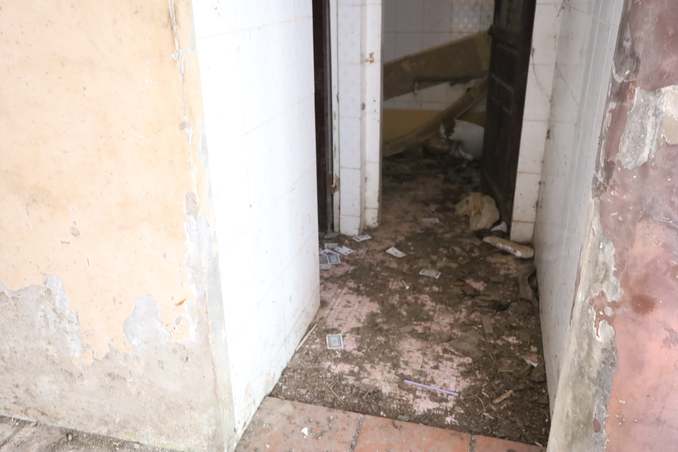 Cửa chính khu nhà truyền thống đóng im lìm, trước hiên vương vãi phân bò. Bên trong nhà trưng bày, các hiện vật nằm lăn lóc, bàn ghế mốc meo, tủ kính trống rỗng, bụi bặm phủ dày.