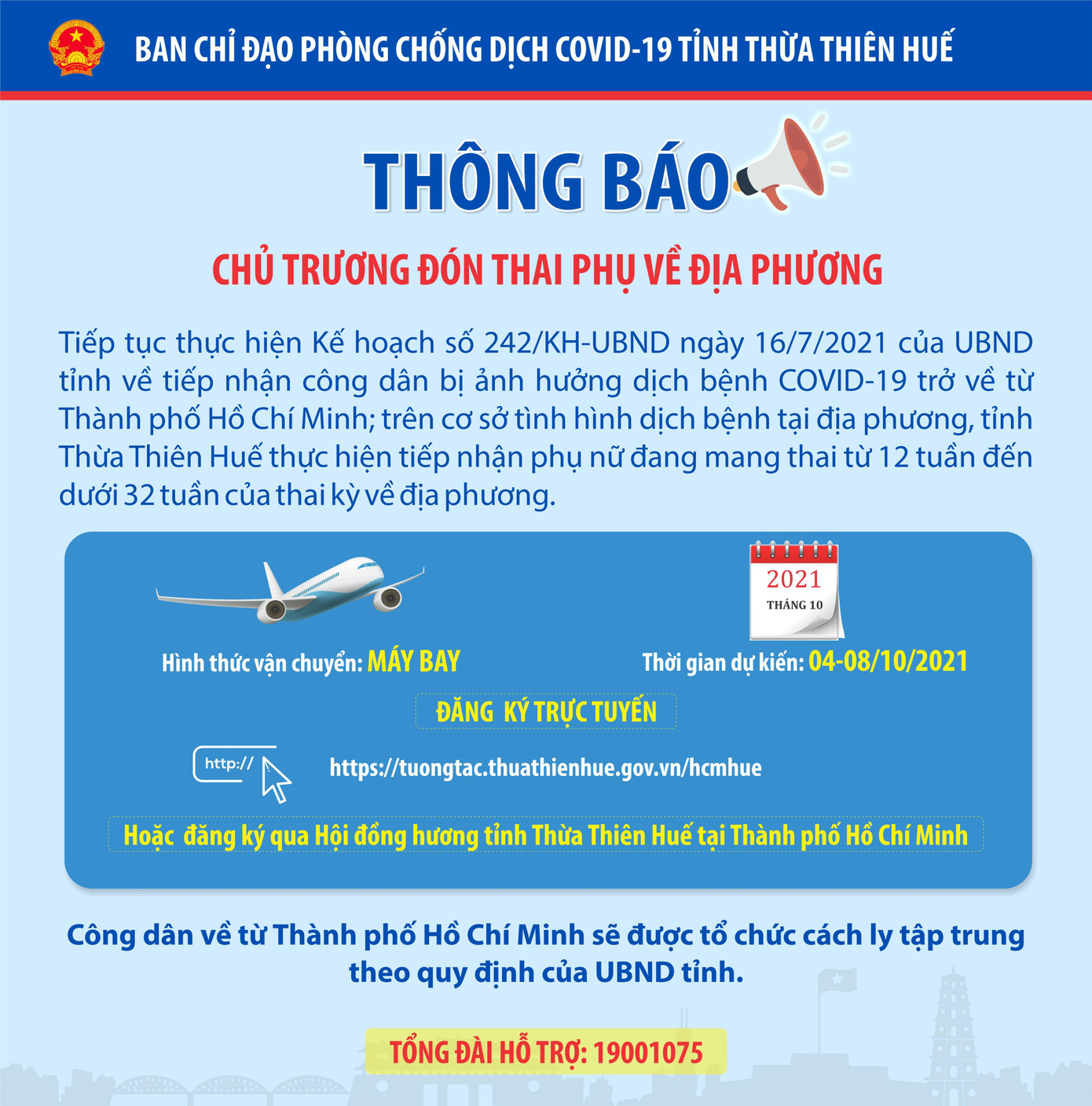 Thông báo về chương trình đón thai phụ từ TPHCM về quê TT-Huế