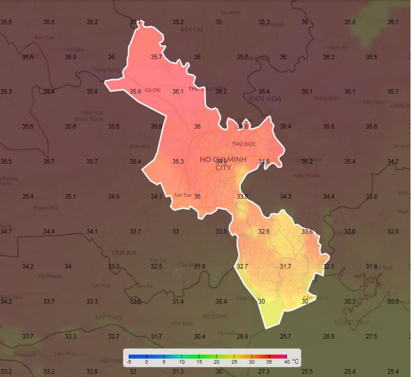 Bản đồ dự báo nhiệt độ tại TPHCM trong 24 giờ tới. Bản đồ dự báo nhiệt độ tại TPHCM trong 24 giờ tới.