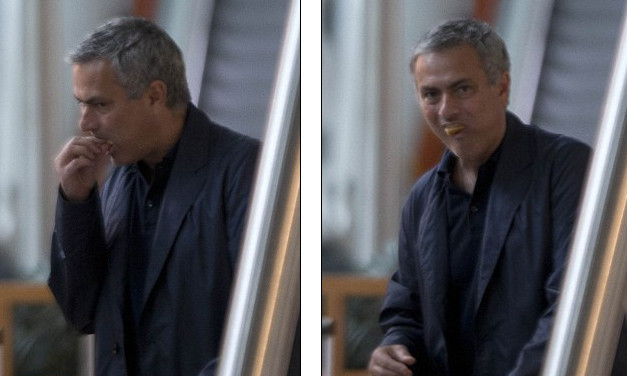 Mourinho vội vàng ăn chiêc bánh rán. Mourinho vội vàng ăn chiêc bánh rán