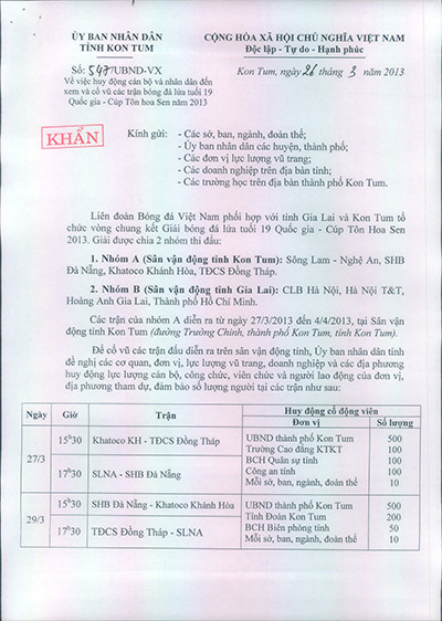 Điện khẩn điều người đi xem đá bóng của UBND tỉnh Kon Tum. (Ảnh: L.Đ.Dũng/Laodong.com.vn). Điện khẩn điều người đi xem đá bóng của UBND tỉnh Kon Tum. (Ảnh: L.Đ.Dũng/Laodong.com.vn)